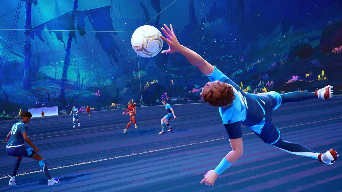 A goalkeeper dives to save a goal in football game ‘Rematch’.