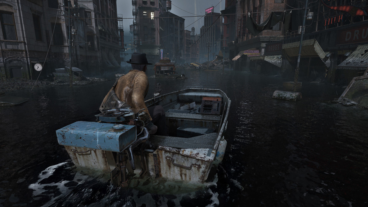 A rusty boat navigates a flooded street in ‘The Sinking City 2’.