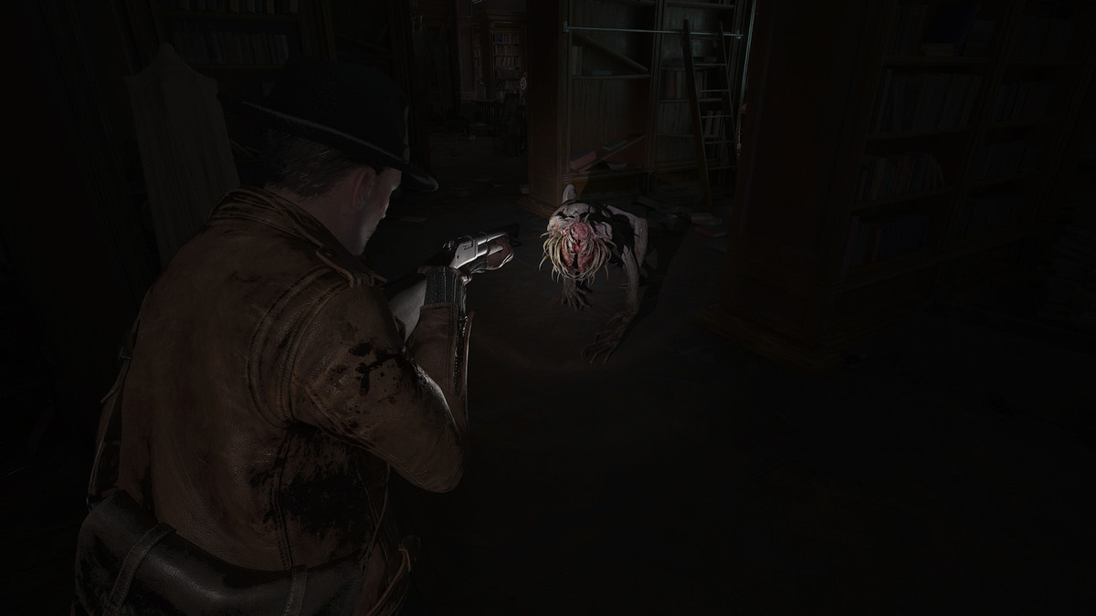 A character aims a gun at a monster in ‘The Sinking City 2’.