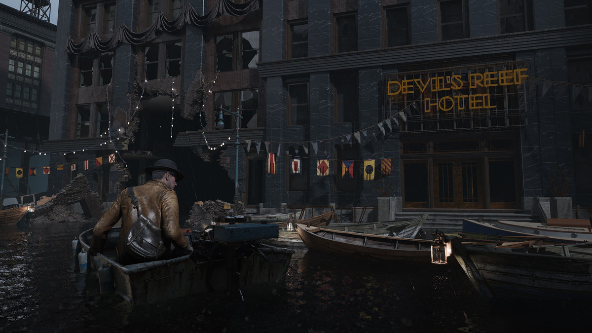 A character steers a boat in ‘The Sinking City 2’.