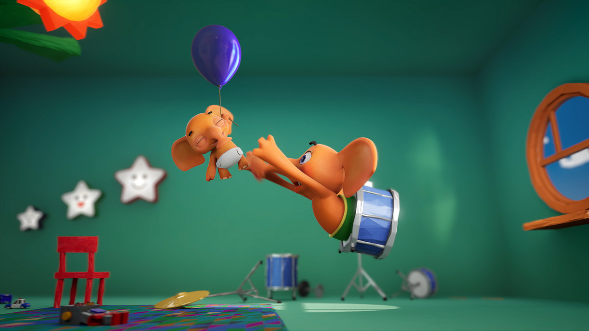 Bellyfant reaches for his sibling who is holding a balloon and floating away.