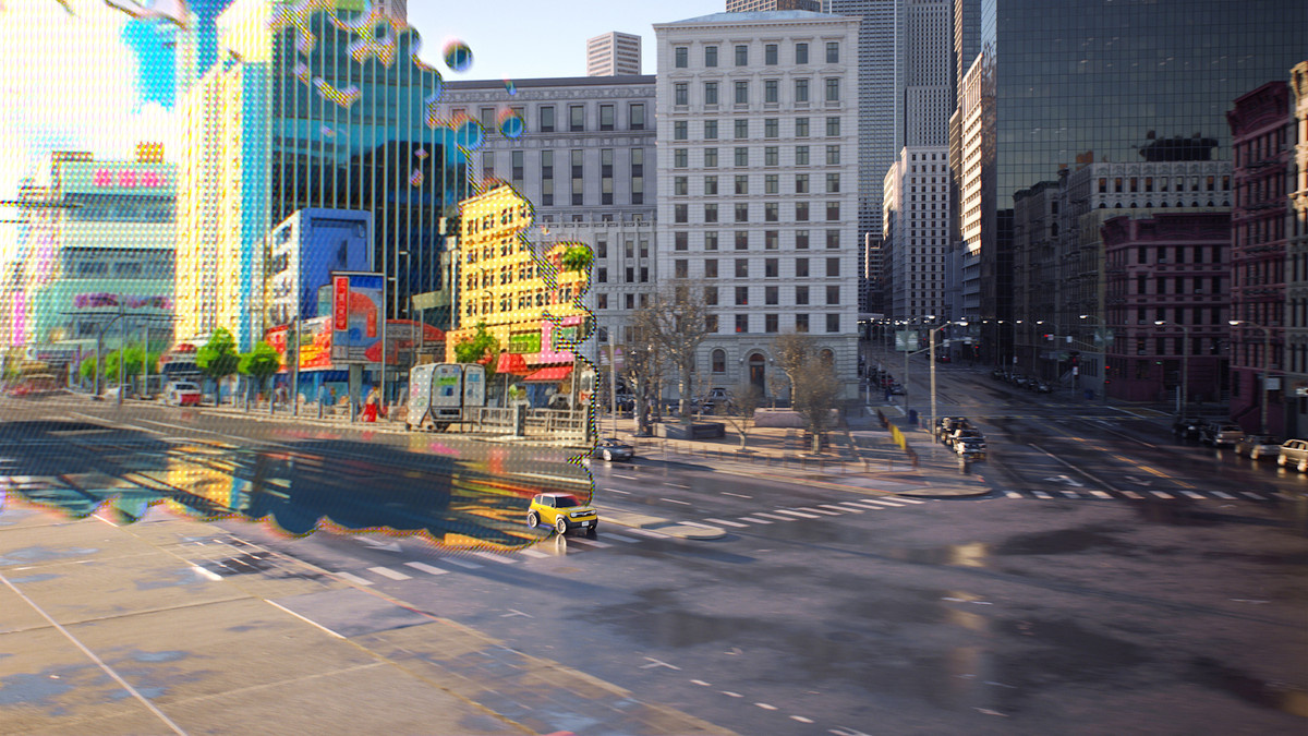 A stylized Rotor Studios visualization of a yellow car in a city.