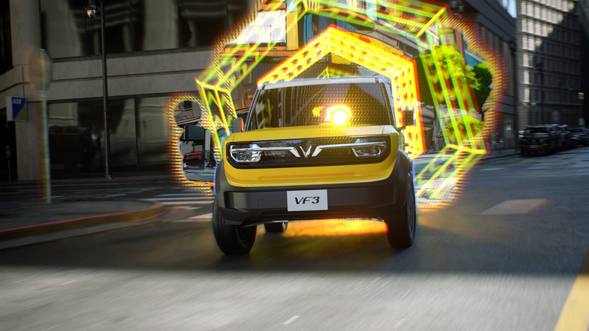 A Rotor Studios visualization of a yellow car with graphics and VFX behind it.