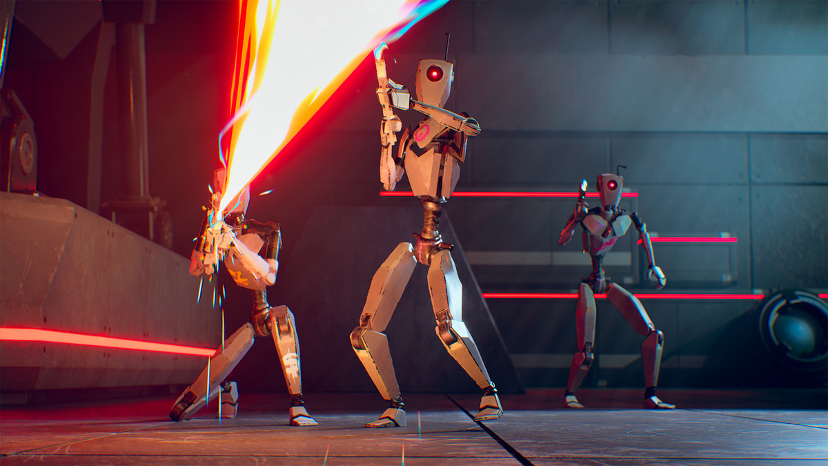 Animated robots attack in a scene created in UE5.