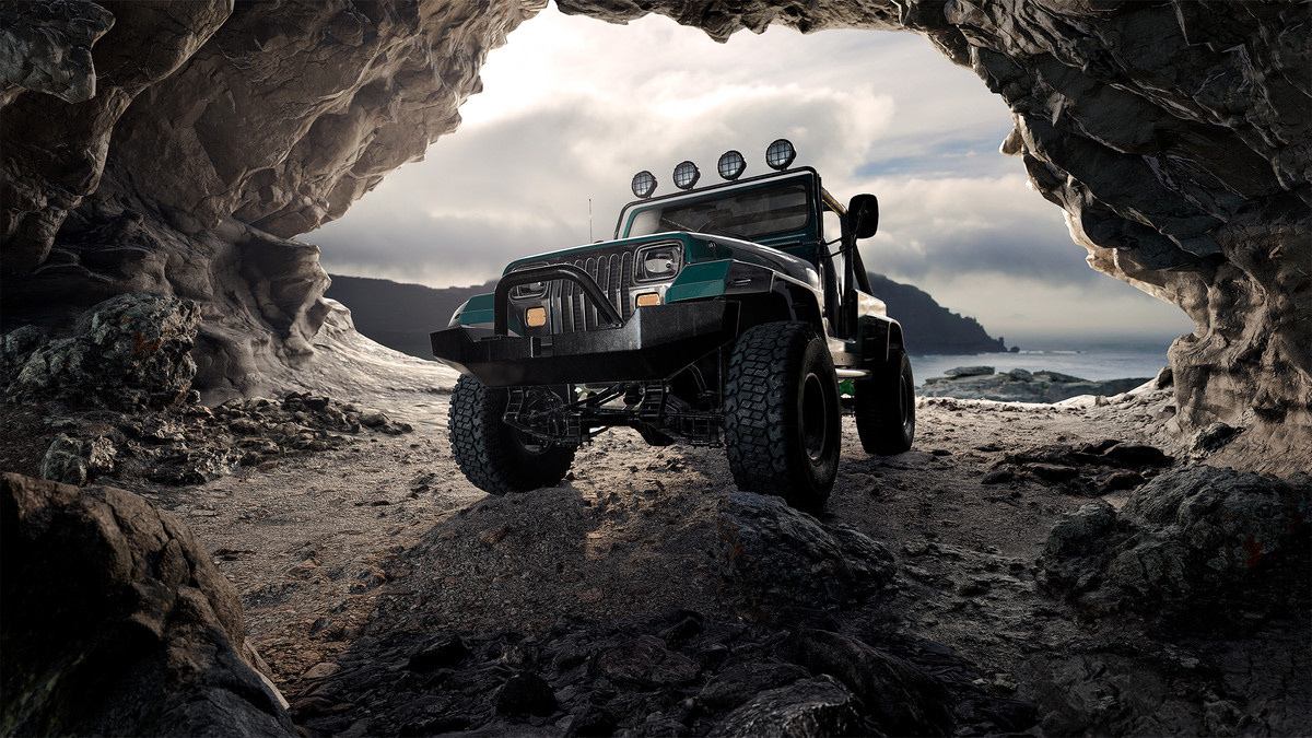 A rugged offroader in a cave scene, created in UE5 by Renderoom.