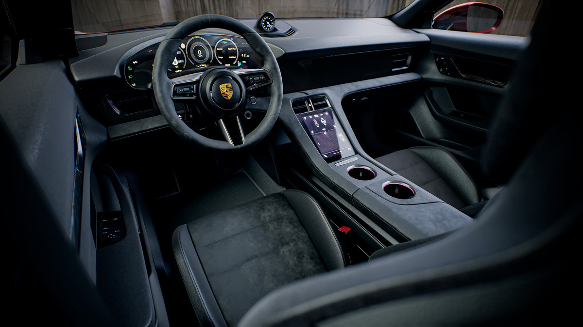The interior of a Porsche rendered in UE5 by Renderoom.