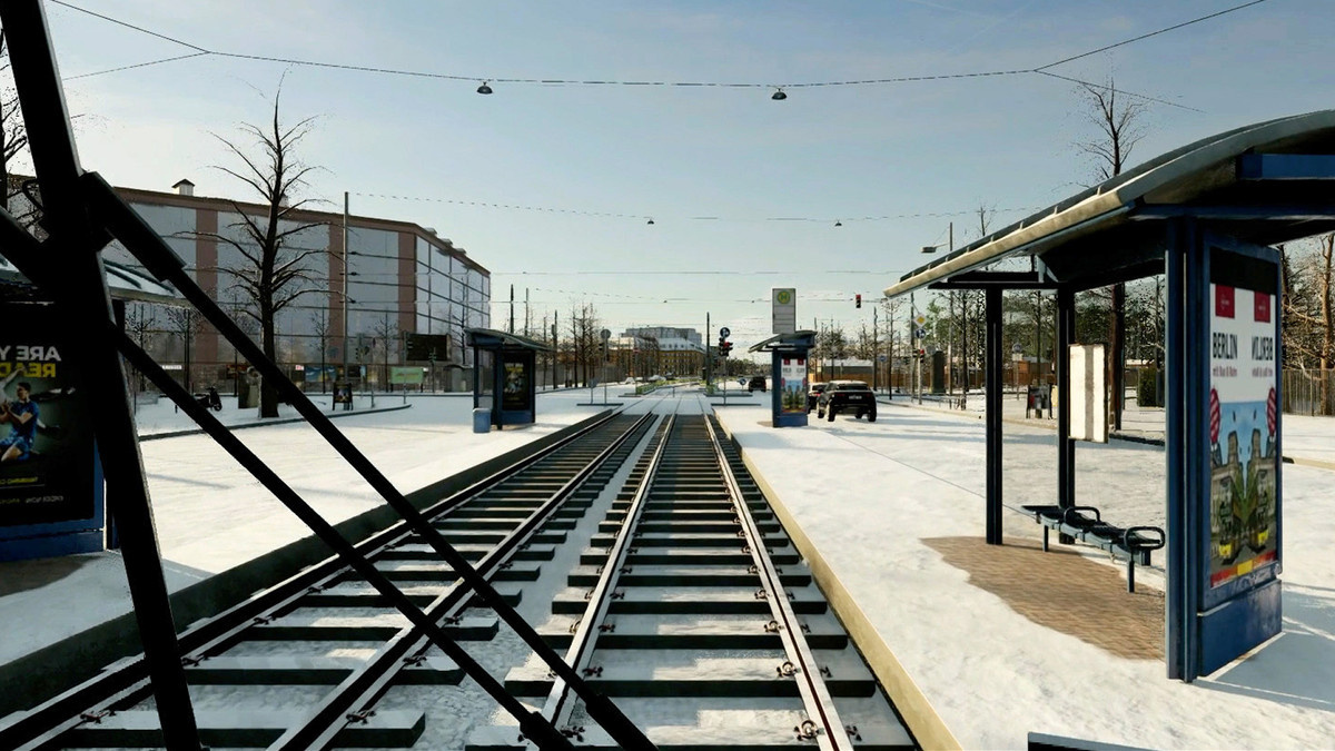 A snowy street scene in a CORYS rail simulation built in UE5.
