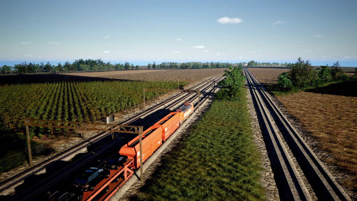 A freight train in a CORYS rail simulation built in UE5.