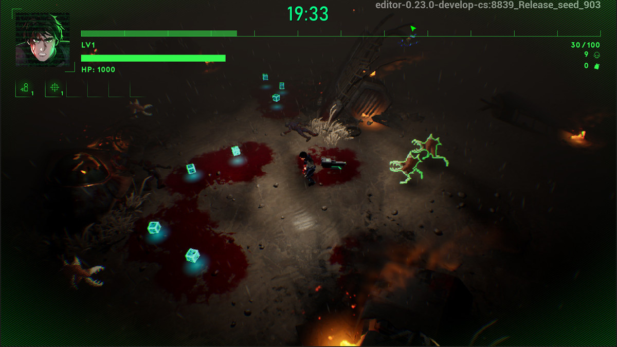 Raios das poças de sangue em uma cena de batalha de Let Them Come: Onslaught.