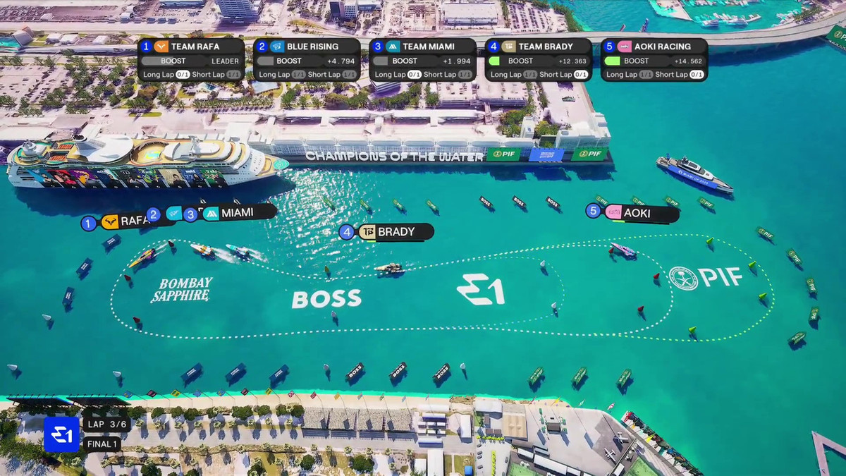 Sponsorship logos overlaid on a visualization of an E1 Series race course.