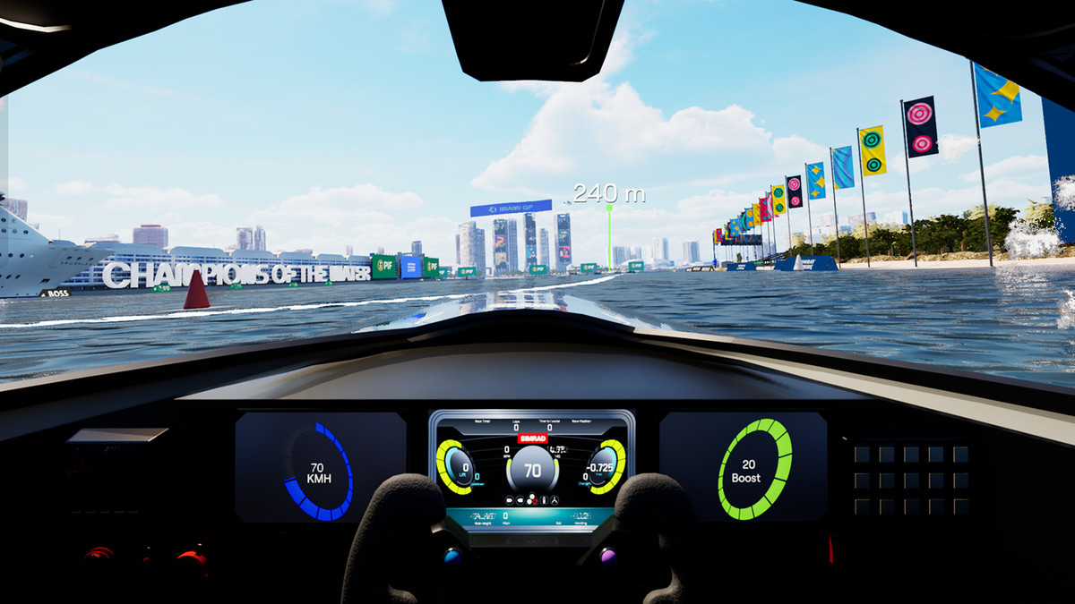 In the driver's seat of an E1 Series powerboat simulator made in UE5.