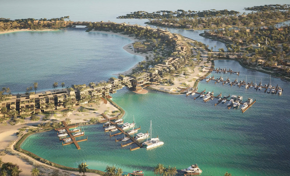 A 3D visualization of a lagoon-side residential complex.