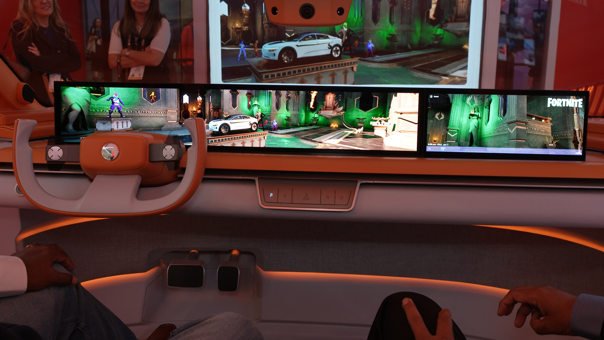 Qualcomm’s Zinger concept car with UE visuals, showcased at CES 2026.