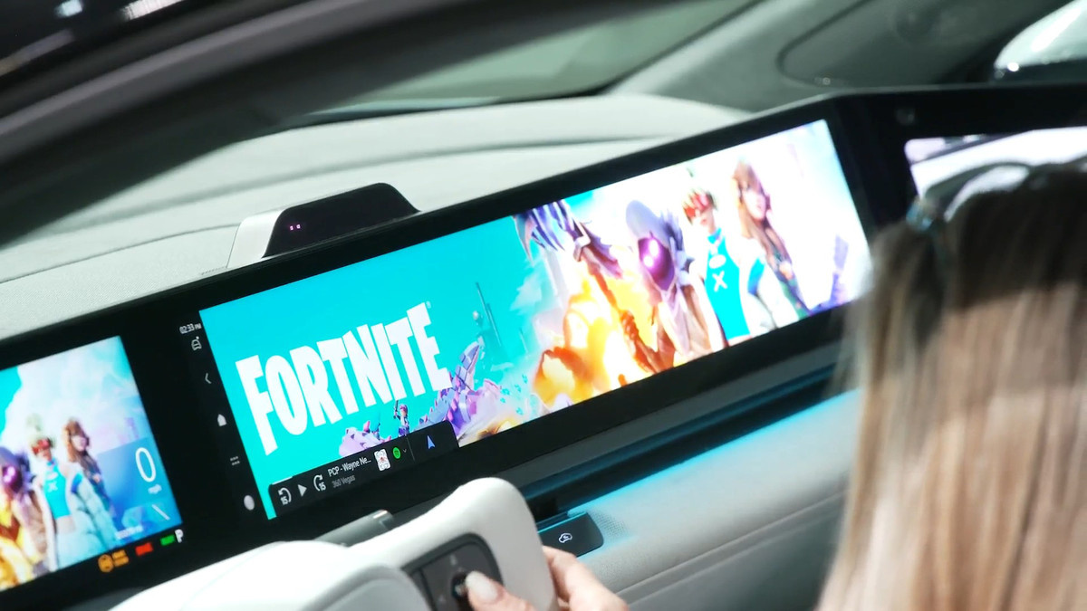 A Fortnite theme downloaded on a digital dashboard, showcased at CES.