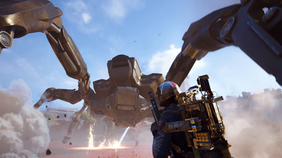 A Queen towers above a raider in ‘ARC Raiders’, a UE5-powered game.