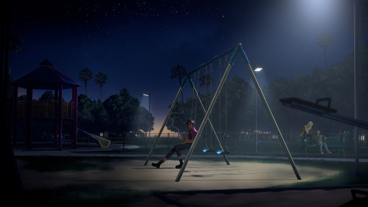 UE を活用したゲーム「Dispatch」で、公園のブランコに乗ったキャラクター。