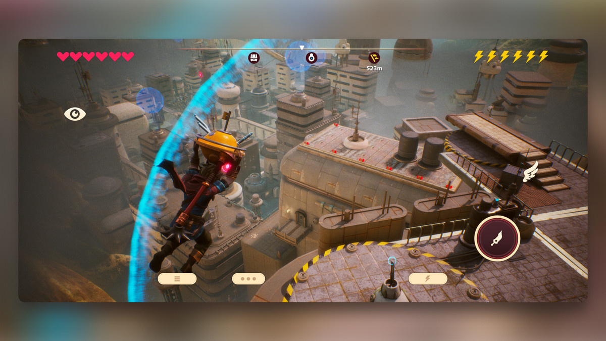 Un héros survole des bâtiments dans Oceanhorn 3: Legend of the Shadow Sea.