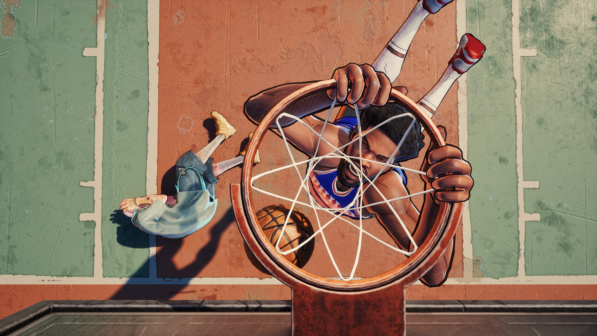 A top-down view of a player hanging on a basketball hoop in ‘NBA THE RUN’.