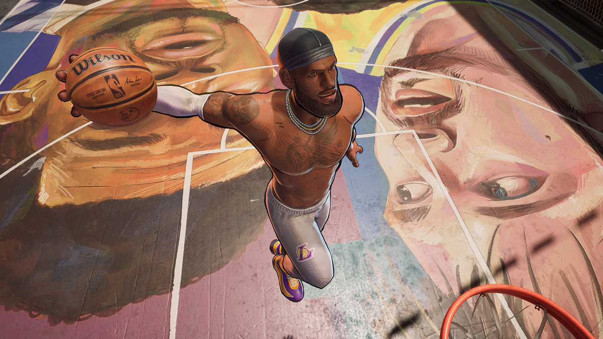 A player lines up the basket for a dunk in ‘NBA THE RUN’.