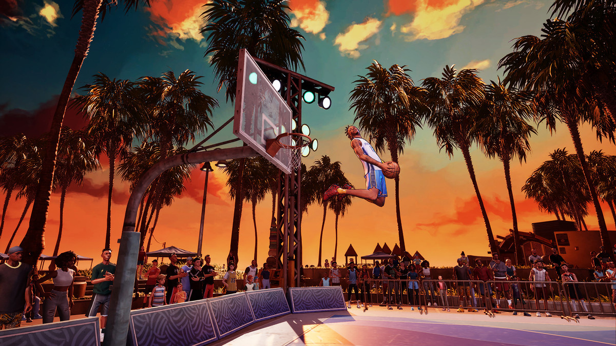 A player mid-air during a reverse dunk in ‘NBA THE RUN’.