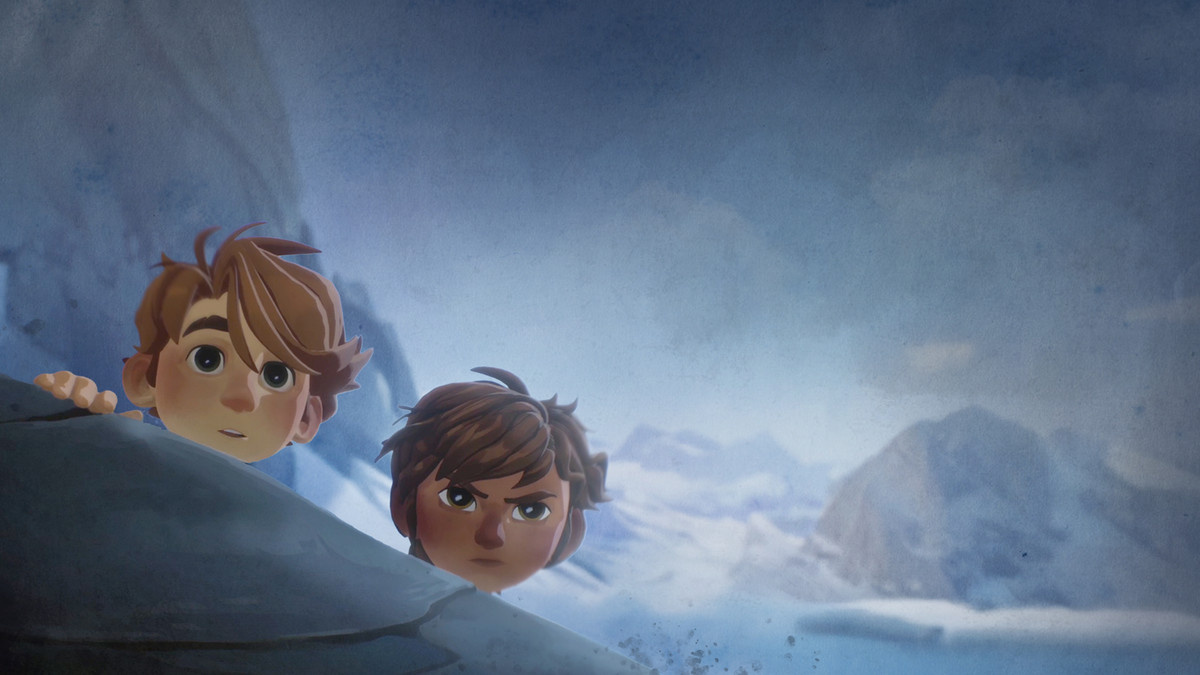 Zwei Kinder verstecken sich hinter einem Felsen in der UE-gestützten Animation „The Wingfeather Saga“.