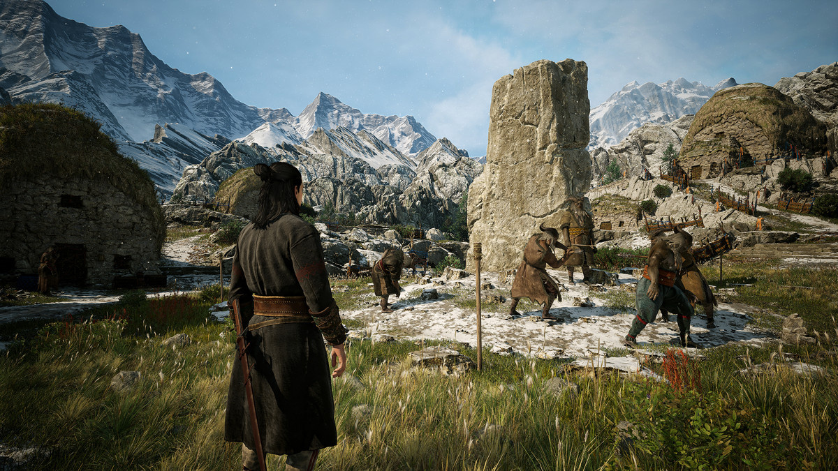 Charaktere versammeln sich vor einer felsigen Landschaft in „The Blood of Dawnwalker“.