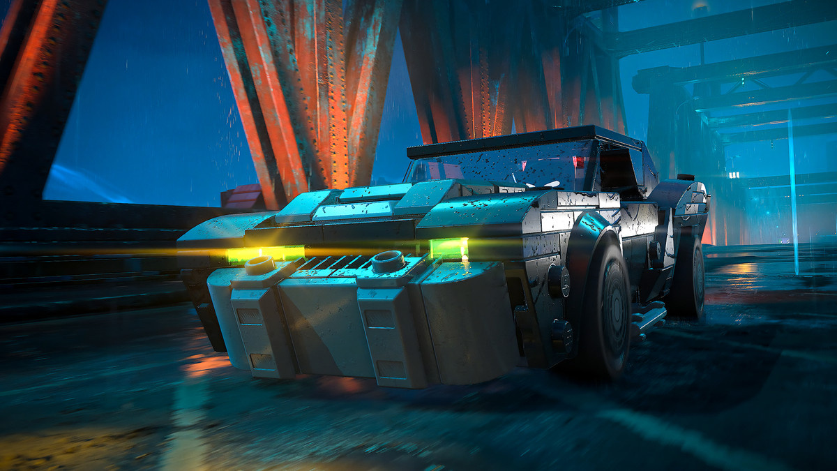 Das LEGO Batmobil auf einer Brücke in „LEGO Batman: Legacy of the Dark Knight“.