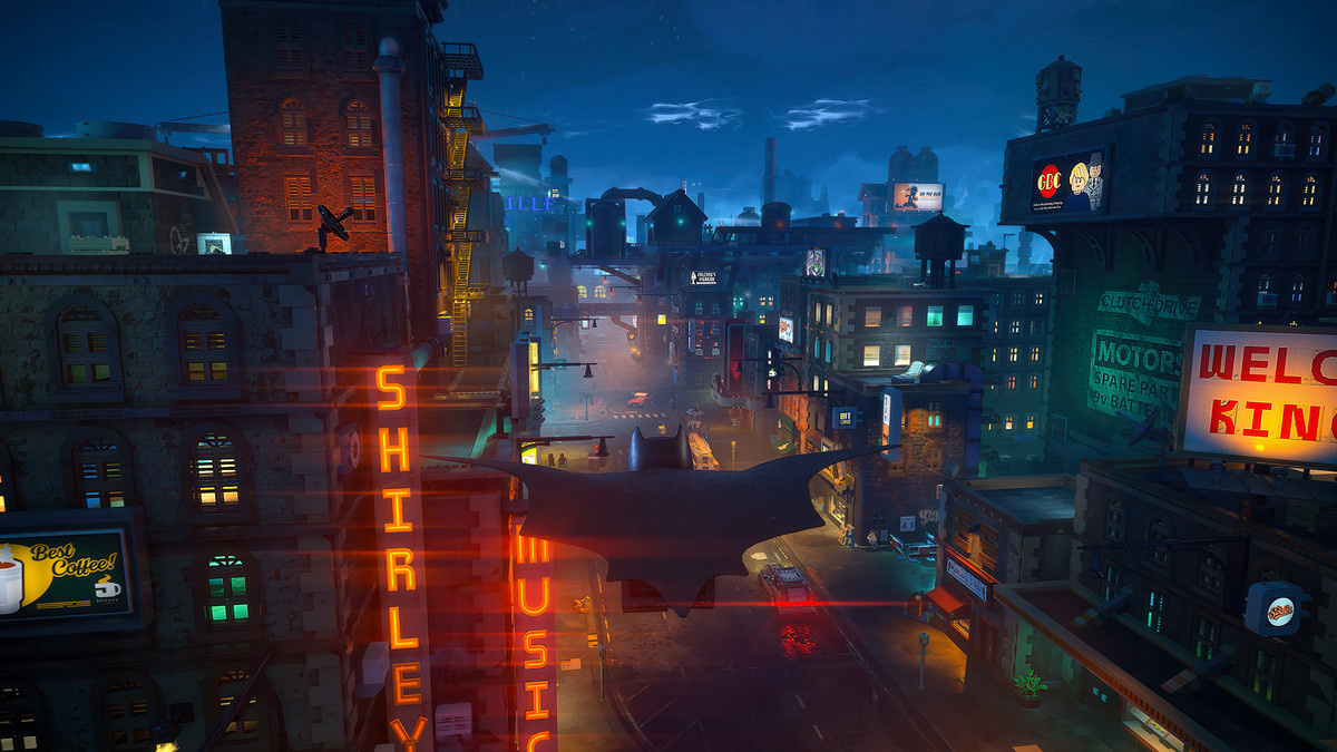 LEGO Batman schwebt über Gotham City in „LEGO Batman: Legacy of the Dark Knight“.