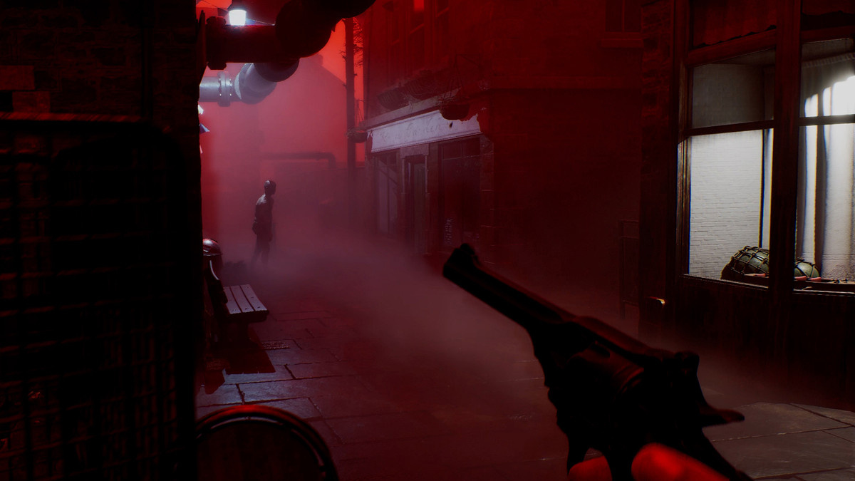 A player points a gun at an indistinct figure in an alley in ‘SILENT HILL: Townfall’.