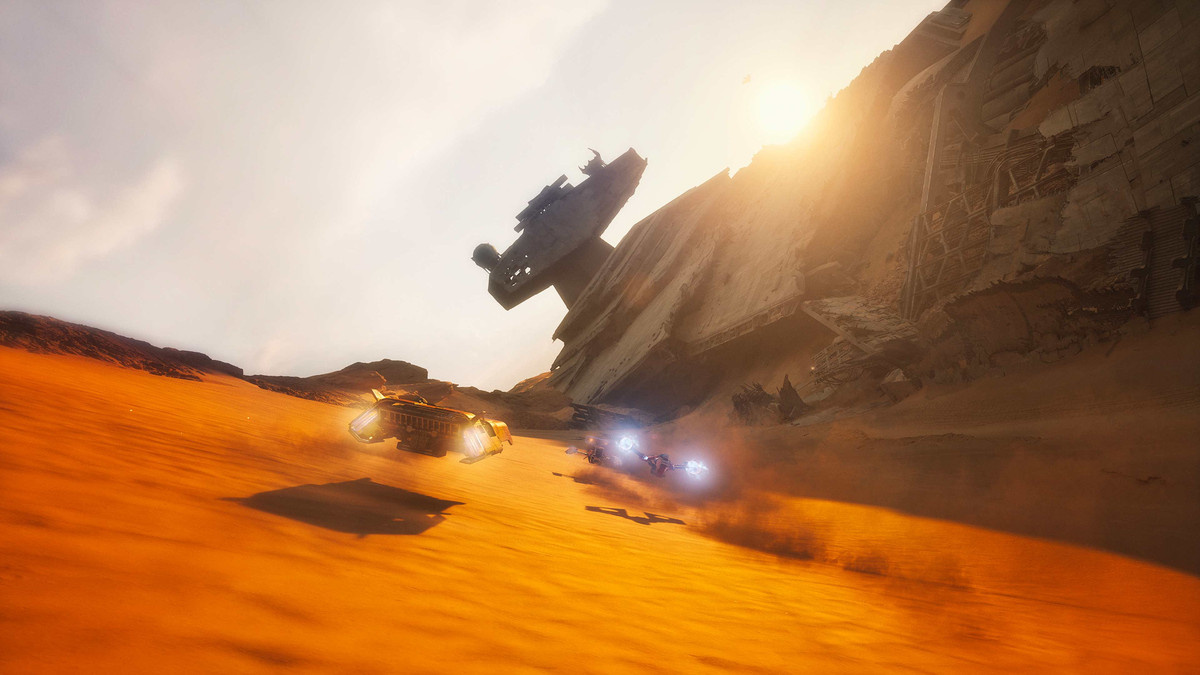 'Star Wars: Galactic Racer'에서 버려진 우주선 옆을 질주하는 레이서들