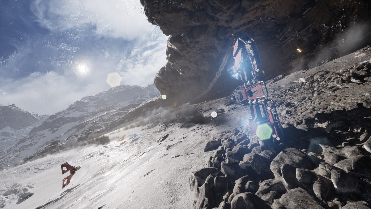 Ein Skim-Speeder zieht eine Kurve über eine felsige Landschaft in „Star Wars: Galactic Racer“.