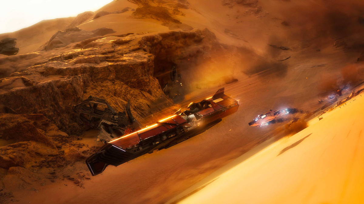Piloten treten in einer Wüstenumgebung in „Star Wars: Galactic Racer“ an.