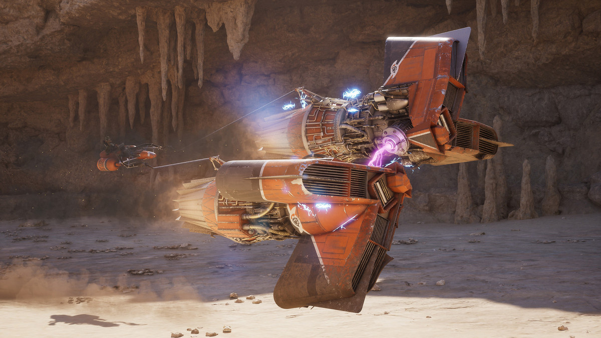Um pod de corrida acelera por um cânion desértico em "Star Wars: Galactic Racer".