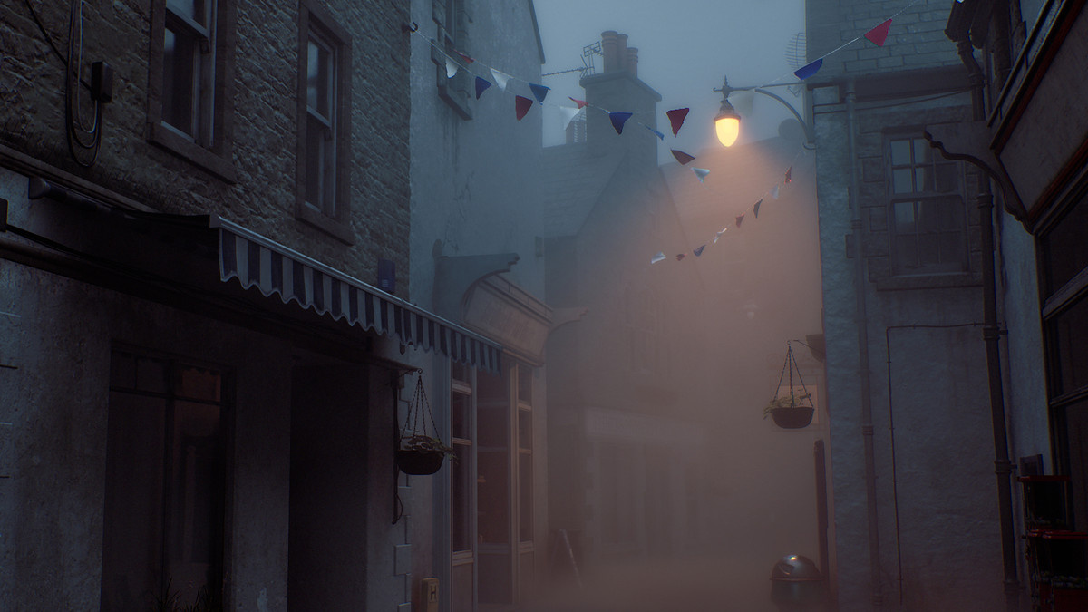Una atmosférica calle en la ciudad portuaria escocesa de St. Amelia en «SILENT HILL: Townfall».