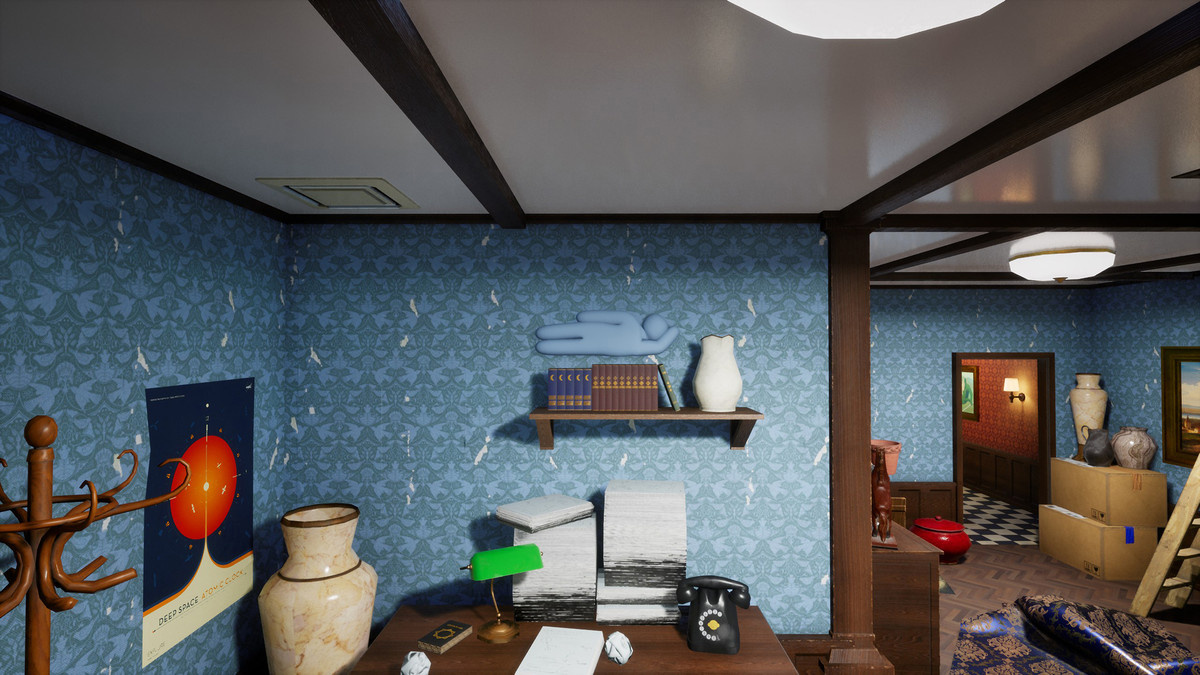 A dining area and staircase with lots of hiding places in ‘Meccha Chameleon’.
