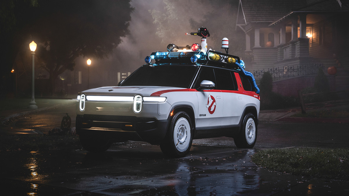 A Rivian reimagined as the Ghostbusters Ectomobile.