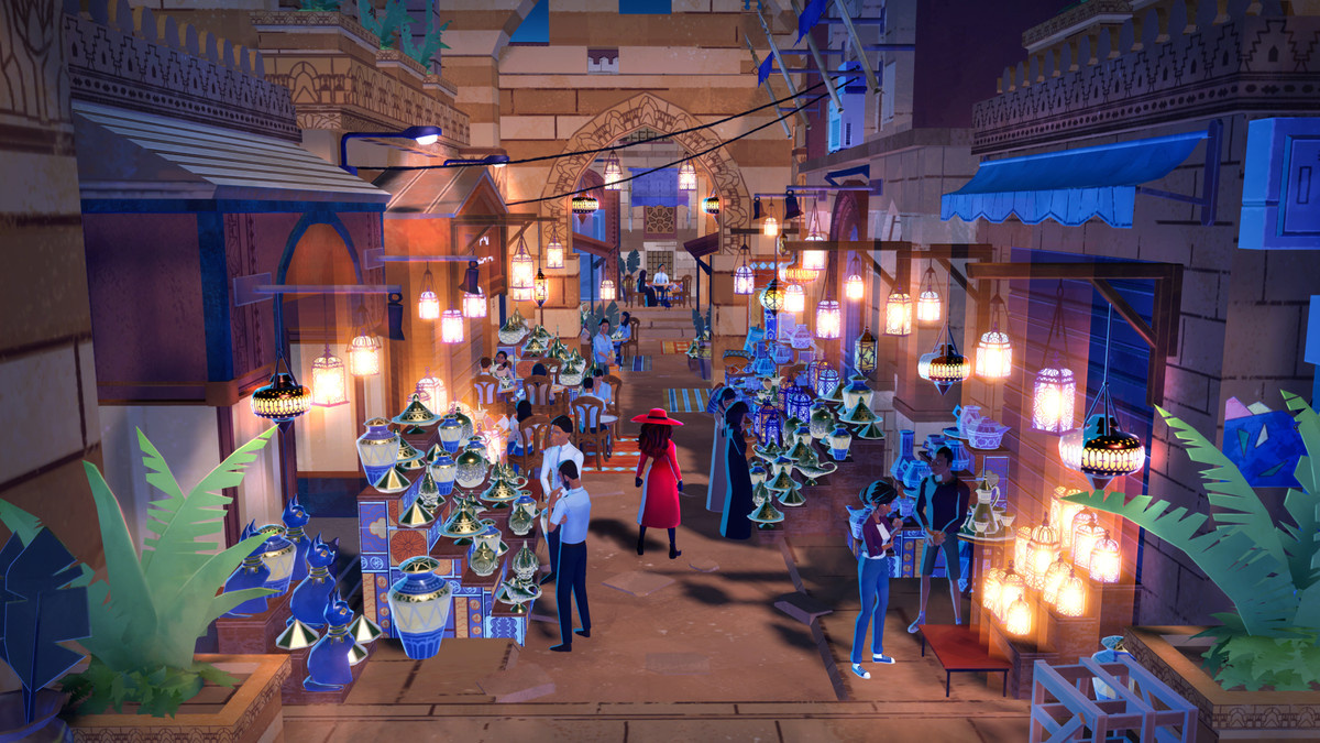 Carmen Sandiego explores a Cairo market in the UE5-powered video game.