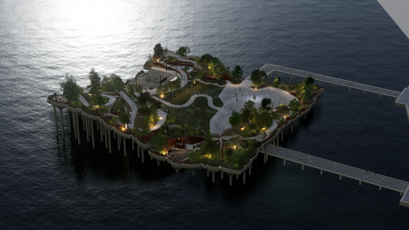 Little Island NYC at dusk.