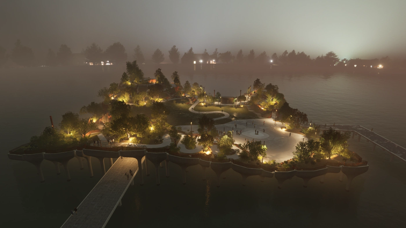 Little Island NYC with atmospheric lighting.
