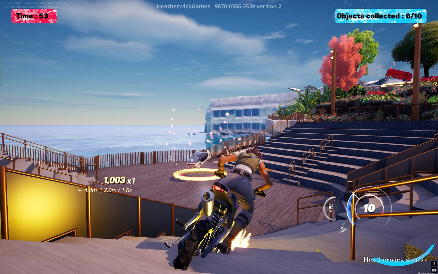 Riding a motorcycle on the Little Island Fortnite experience. 