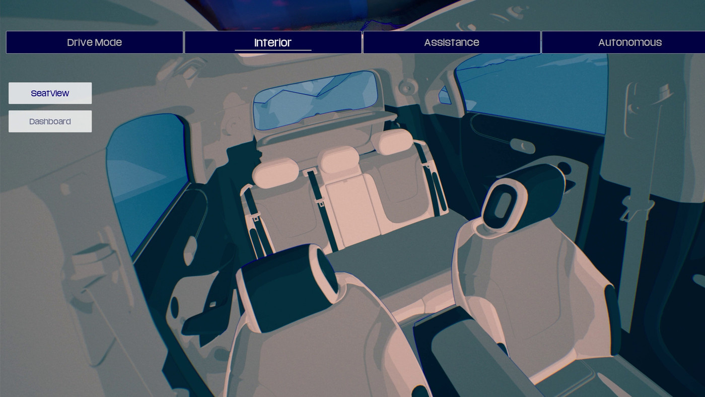 Line art rendering of vehicle interior in software user interface.