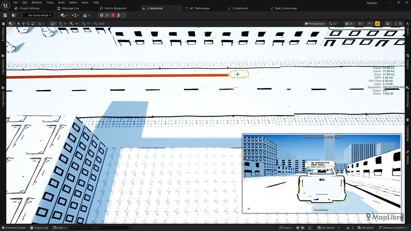 Software user interface with graphical representation of city street and car.