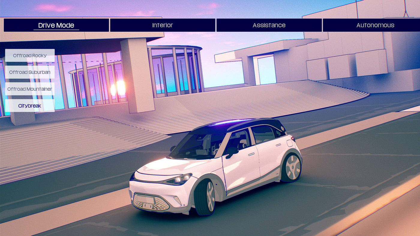 Stylized rendering of a car in front of a building, in a software user interface.