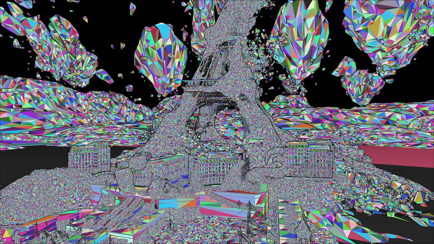 A Nanite mesh of the Eiffel Tower collapses in ‘Clair Obscur: Expedition 33’.
