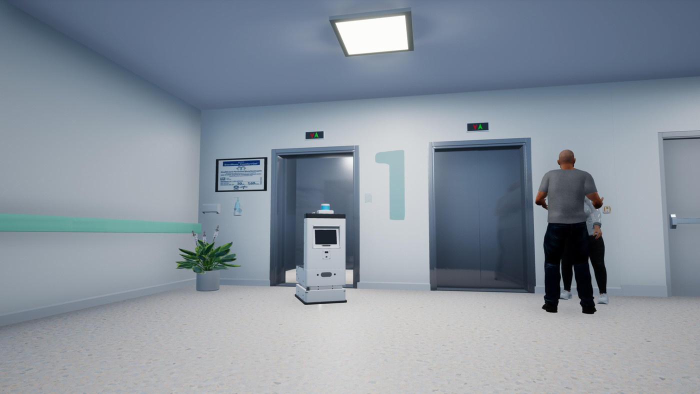 An autonomous service robot exploring a hospital in a simulation.