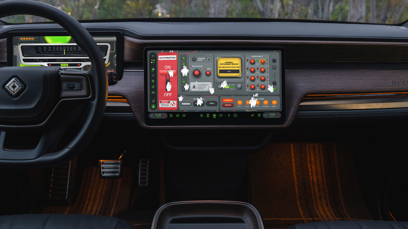 A Ghostbusters-themed display in Rivian's HMI Halloween Mode.