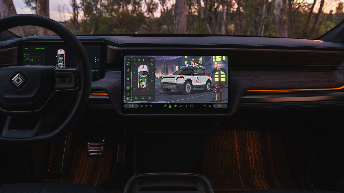The Ectomobile depicted in the central touchscreen of a Rivian HMI.