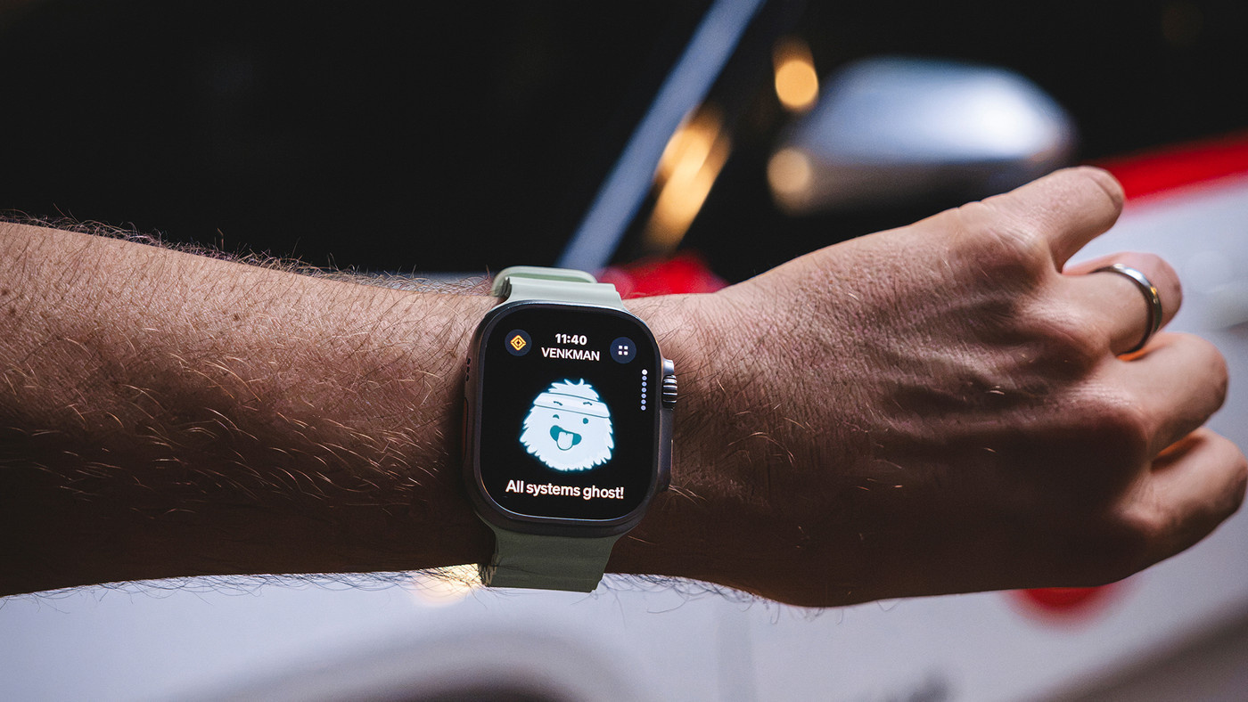 A Ghostbusters-themed display on a smart watch for Rivian's Halloween Mode.