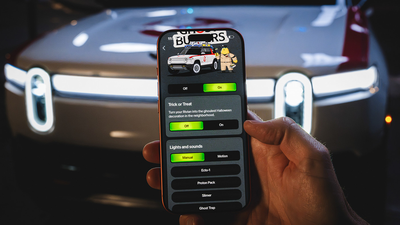 A Ghostbusters-themed smartphone app for Rivian's Halloween Mode.
