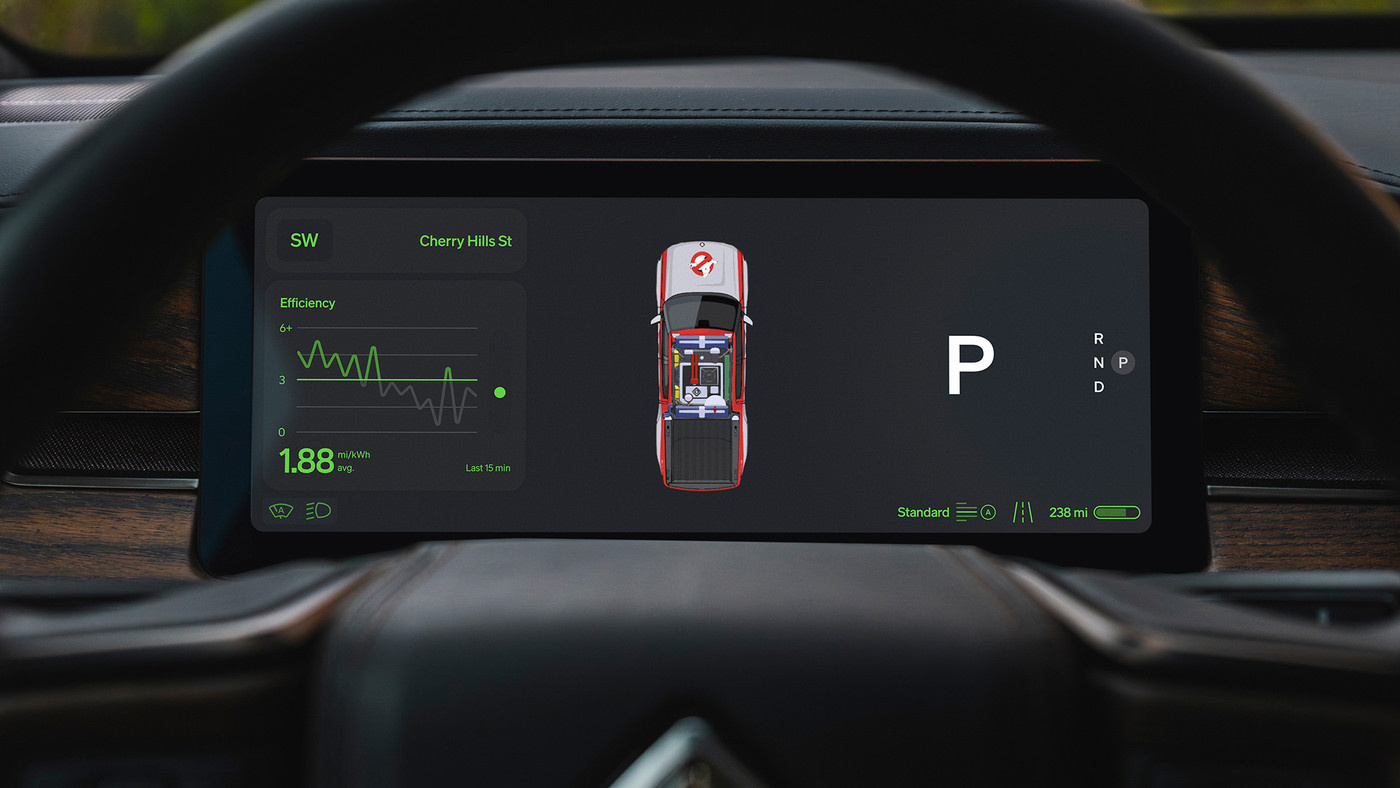 A Ghostbusters-themed top-down view of a car in Rivian's Halloween Mode.